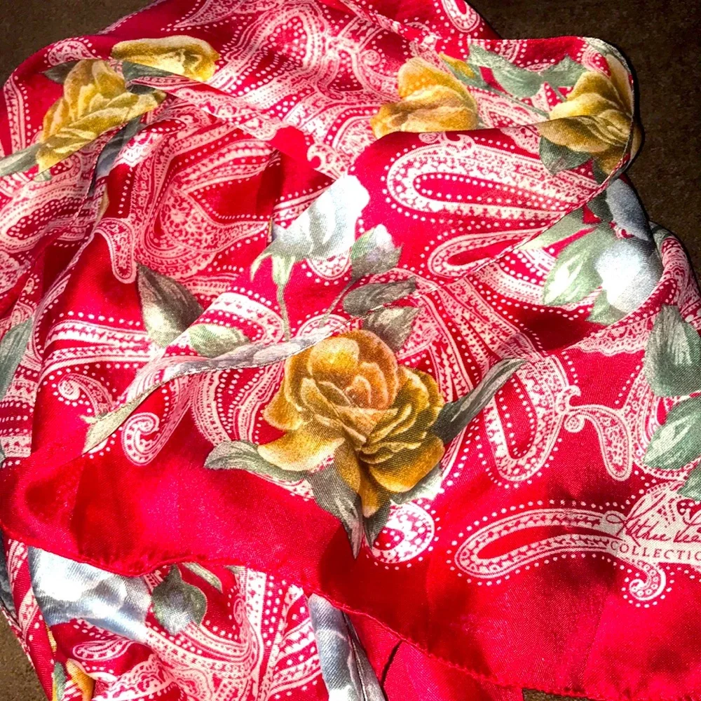 Kathie Lee Vintage Beautiful Long Red Paisley Scarf with Gold Silver and White